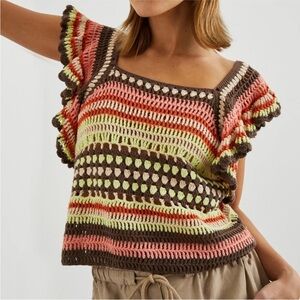 Rails Anna Crochet Top Tropical Stripe Crochet Size S Ruffled Sleeve Twee‎